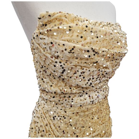NWT Beige Gold Strapless Sequin Evening Gown with Corset Back on Velvet Fabric - Picture 4 of 12